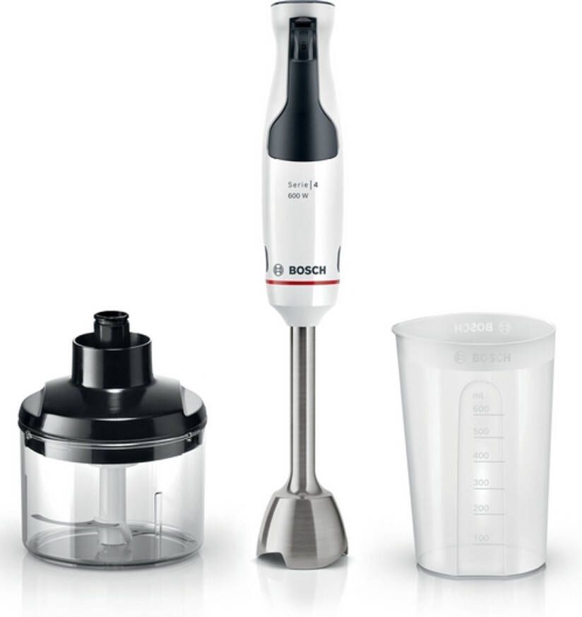 BOSCH Staafmixer ErgoMaster Serie 4 MSM4W220 4 messen hakker beker wit Mixvoet roestvrij staal grote bedieningshendel keramische koppeling Made in Europe