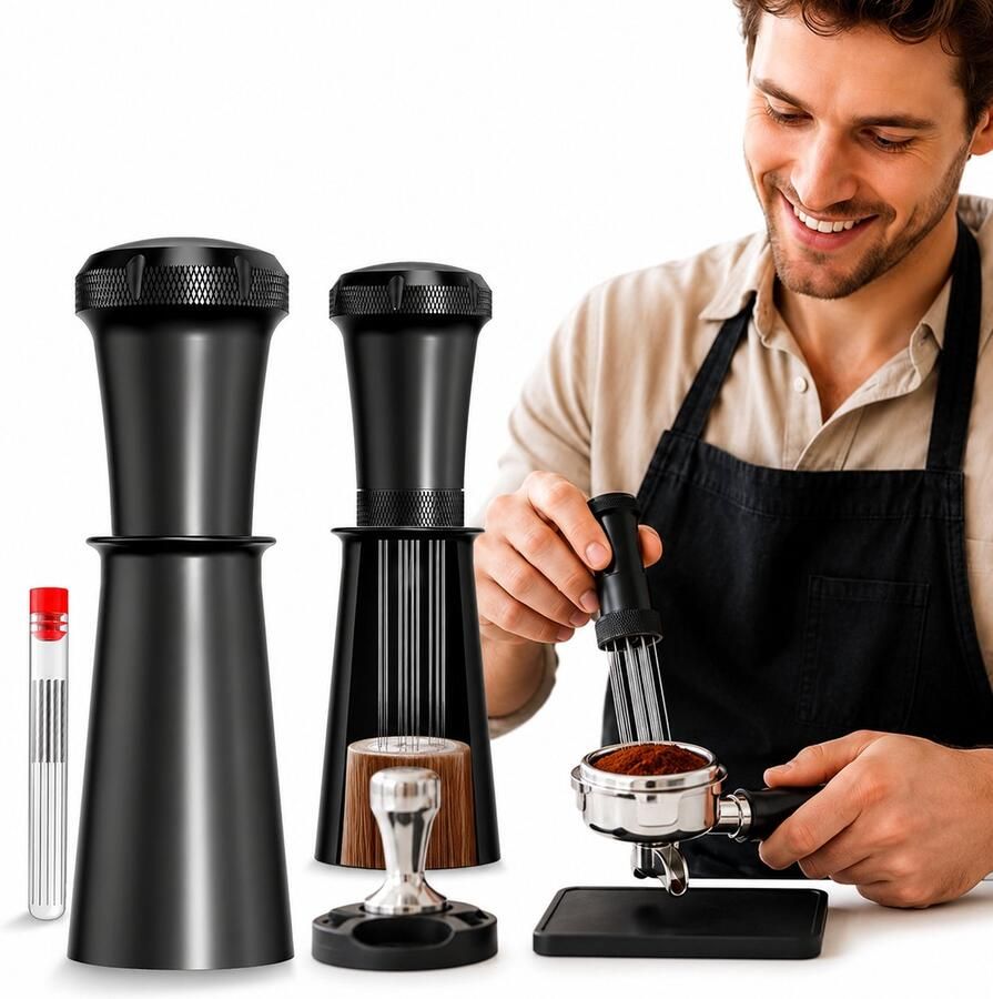 BOTC WDT Tool Espresso – Espresso Distributie Tool met 10 Naalden (0 35 mm) + 10 Reserve Naalden – Espresso Verdeler – Koffieverdeler – Inclusief Reinigingsborstel