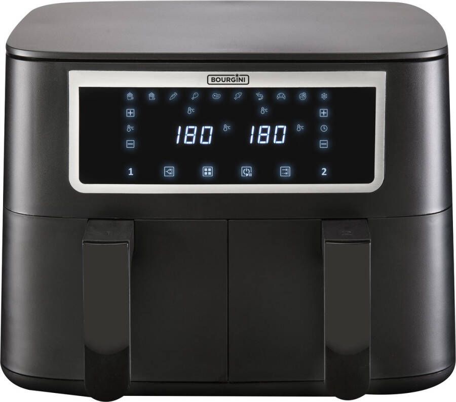 Bourgini Duo Heteluchtfriteuse 2 x 4.0L PFAS vrij Airfryer XXL 2 laden met synchronisatie functie Touchscreen 8L 2600W Zwart