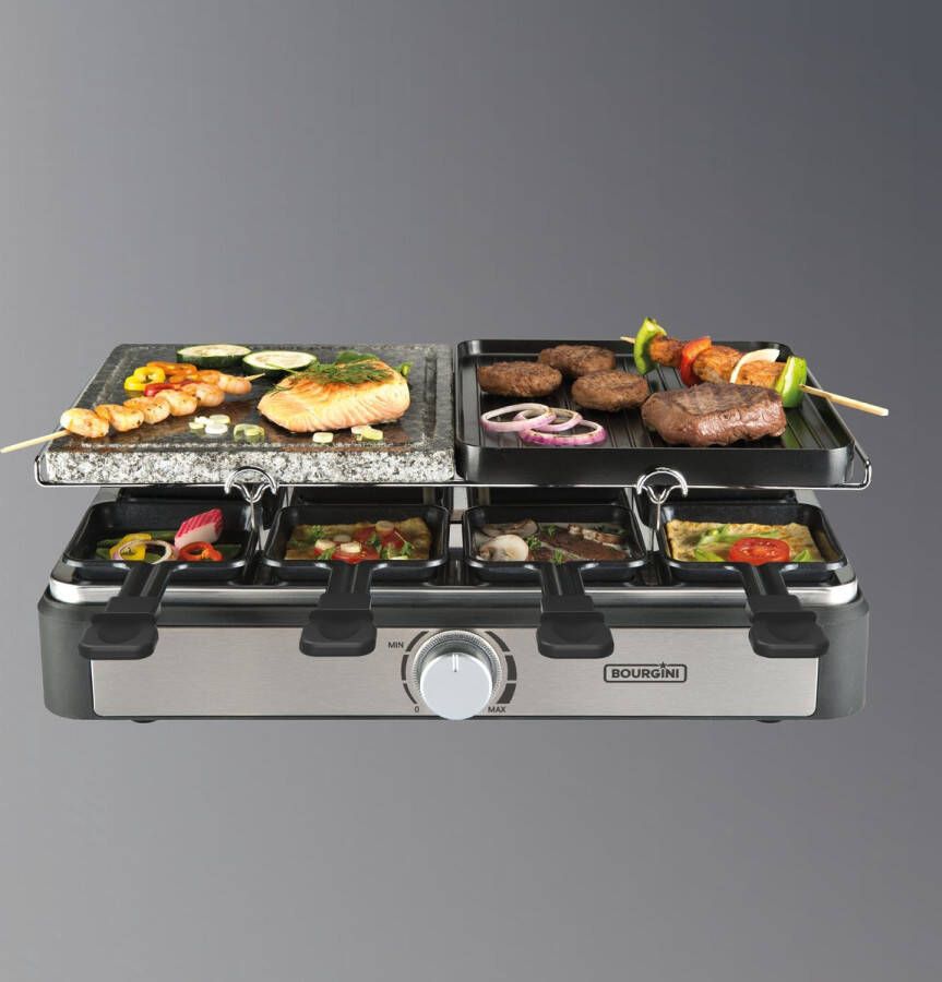 Bourgini Gourmet Gourmetstel 8 personen Gourmetset en Steengrill met regelbare thermostaat Raclette functie voor kaas Inclusief 8 pannetjes en houten spatels - Foto 2