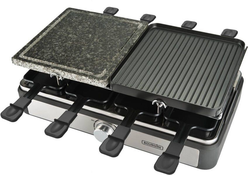 Bourgini Gourmet Gourmetstel 8 personen Gourmetset en Steengrill met regelbare thermostaat Raclette functie voor kaas Inclusief 8 pannetjes en houten spatels - Foto 3