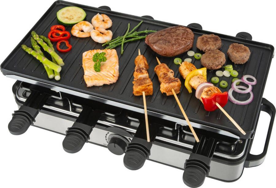Bourgini Gourmette Raclette Pure Gourmetstel met omkeerbare Grill & Bakplaat Raclette 8 personen 21x42 cm PFAS-vrije coating Regelbare thermostaat incl. 8 spatels en pannetjes