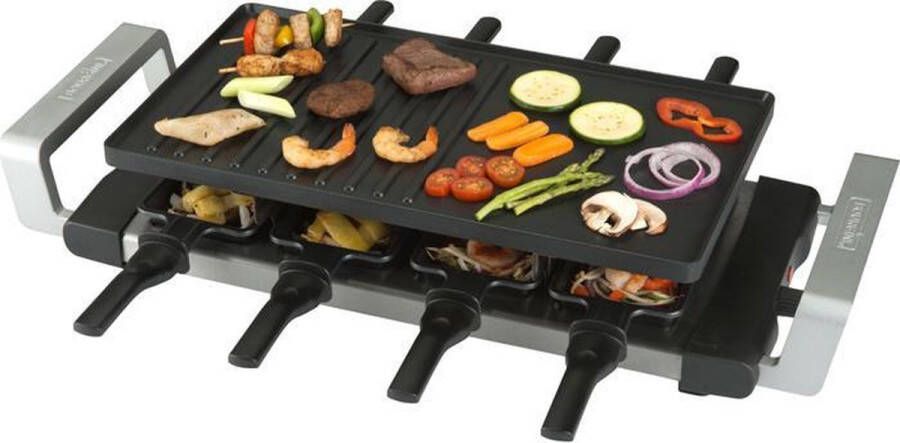 Bourgini Gourmette Raclette Grill 8 Personen Gourmetstel Afneembare en omkeerbare grill- bakplaat Inclusief 8 pannetjes en houten spatels