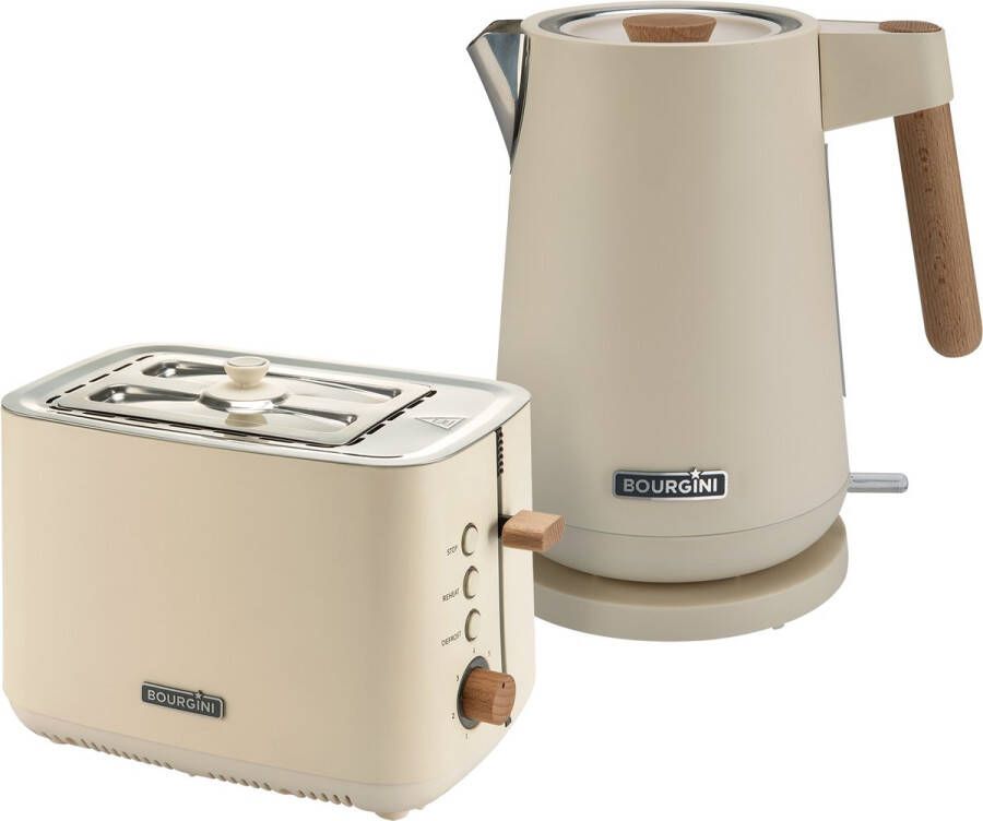 Bourgini Harmony ontbijtset Beukenhouten elementen RVS Waterkoker met Broodrooster