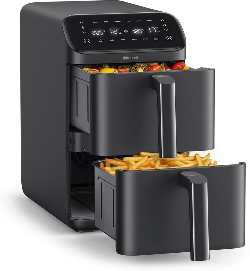 Brabantia Dubbele Airfryer XXL 10 Liter Gestapelde Lades PFAS-Vrij 2700W Vermogen 8 Kookprogramma's BBEK1240
