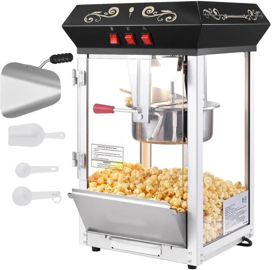 Brandistry Popcornmachine Popcornmaker Led Verlichting Warmhoudfunctie RVS Met Accessoires 850Watt Aanrecht Model