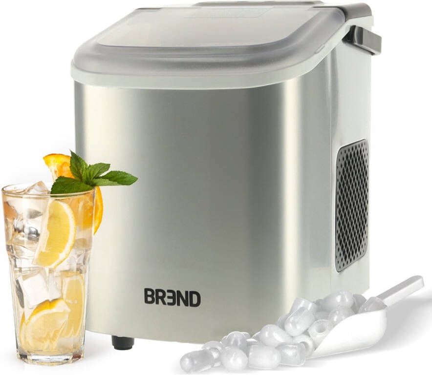 BREND BR-2213 IJsblokjesmachine met Schep en Lekbak Grote L of Kleine S Ijsklontjes Draagbare IJsblokjesmaker – 10 kg in 24 uur Zilver