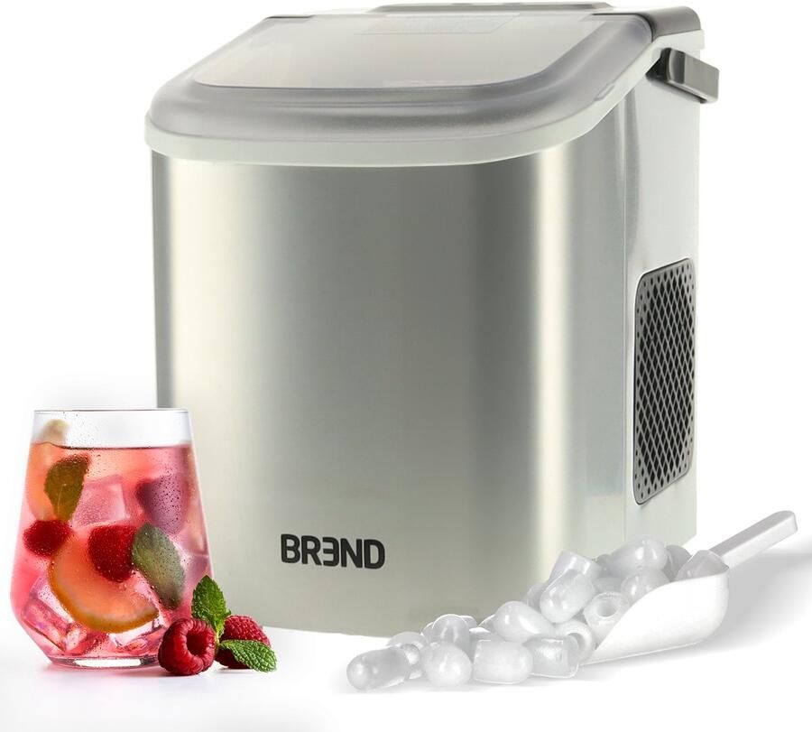 BREND IJsblokjesmachine met Schep en Lekbak 2 Maten IJsklontjes 1 Liter Draagbare IJsblokjesmaker – 12 kg 24 uur Zelfreinigend RVS BR-2213