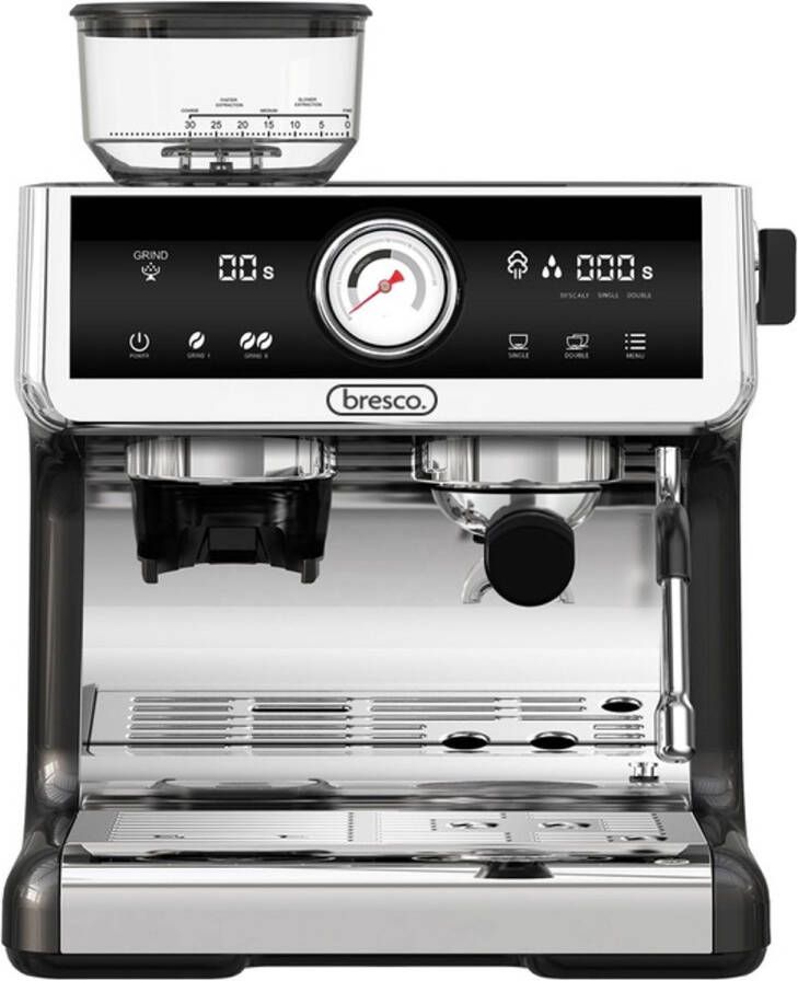 Bresco Barista Espressomachine – Pistonmachine met Koffiemolen – RVS Koffiemachine melkopschuimer – Bonenmaler – Brushed Stainless Steel