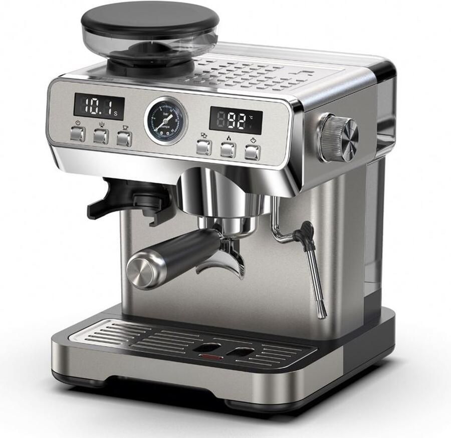 Lopoleis Barista Espressomachine – Pistonmachine met Koffiemolen – RVS Koffiemachine melkopschuimer – Bonenmaler – Brushed Stainless Steel