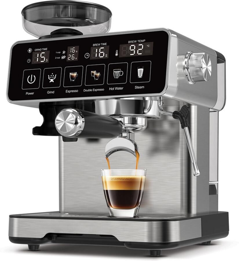 Bresco Barista Touch Espressomachine – Pistonmachine met Koffiemolen – RVS Koffiemachine melkopschuimer – Bonenmaler – Brushed Stainless Steel