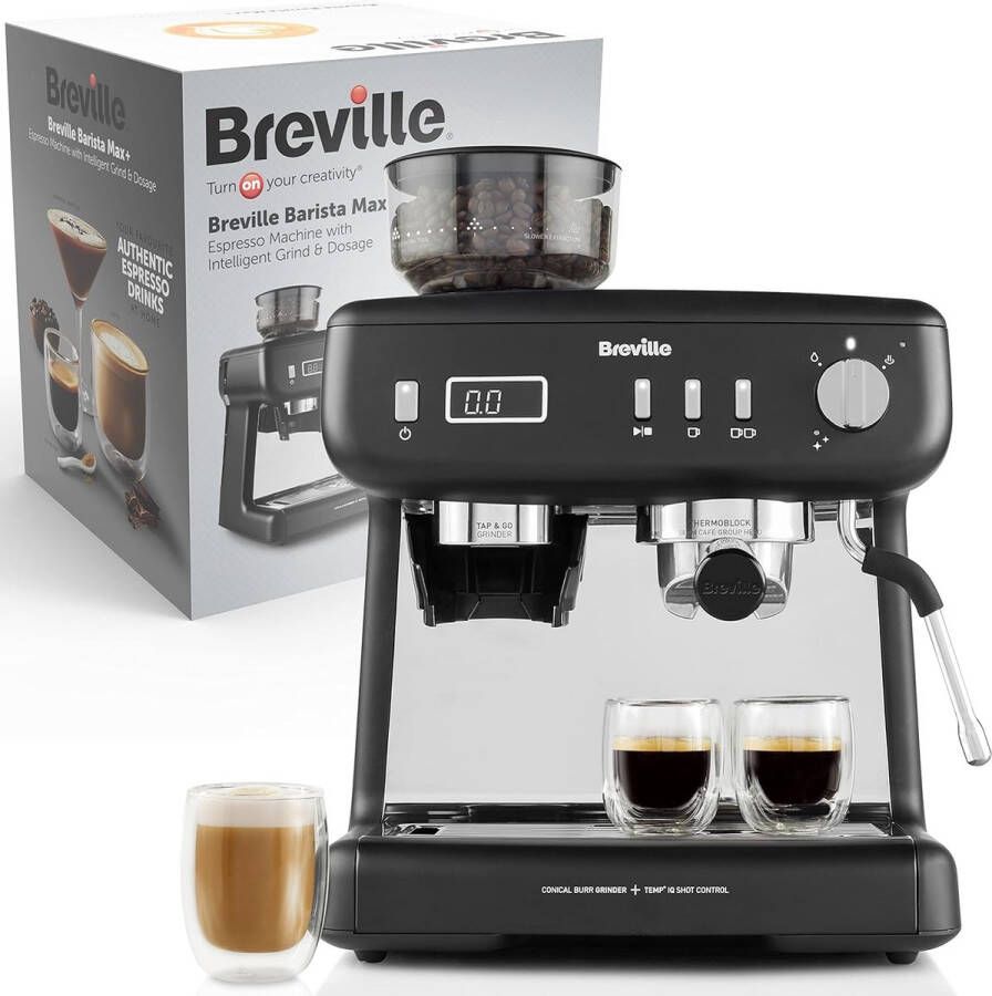 Breville Barista Max+ Espresso- Latte- en Cappuccinomachine Slim malen en doseren Precieze extractietimer Geïntegreerde melkopschuimer Italiaanse pomp van 15 bar Zwart [VCF152X]