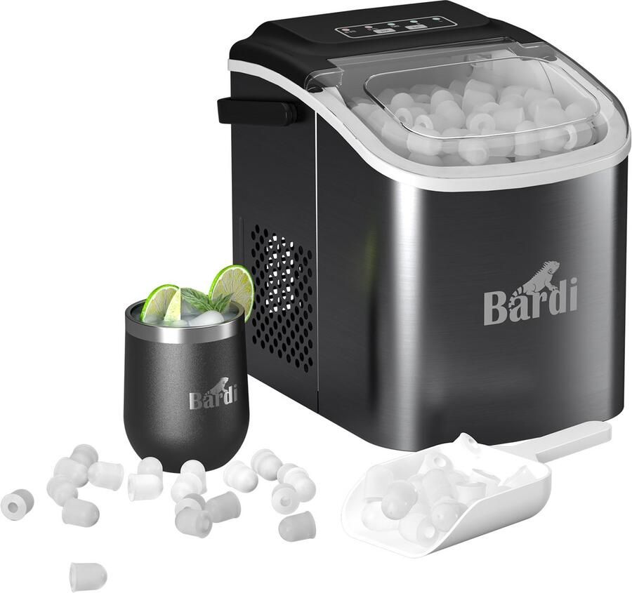 Brisby Bardi 1.3L Deluxe IJsblokjesmachine – IJsblokmaker Inclusief Luxe Thermosbeker en IJsschep – 9 Blokjes in 8 Minuten – Gunmetal Zwart