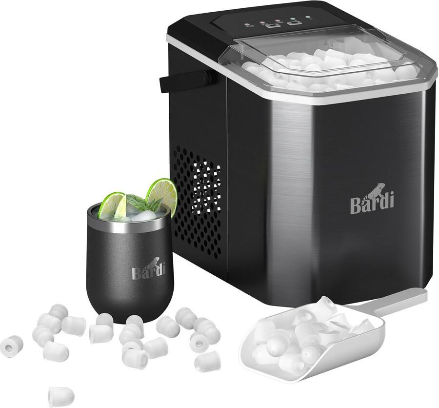 Bardi 1.3L Deluxe IJsblokjesmachine Square – IJsblokmaker Inclusief Luxe Thermosbeker en IJsschep – 9 Blokjes in 8 Minuten – Gunmetal