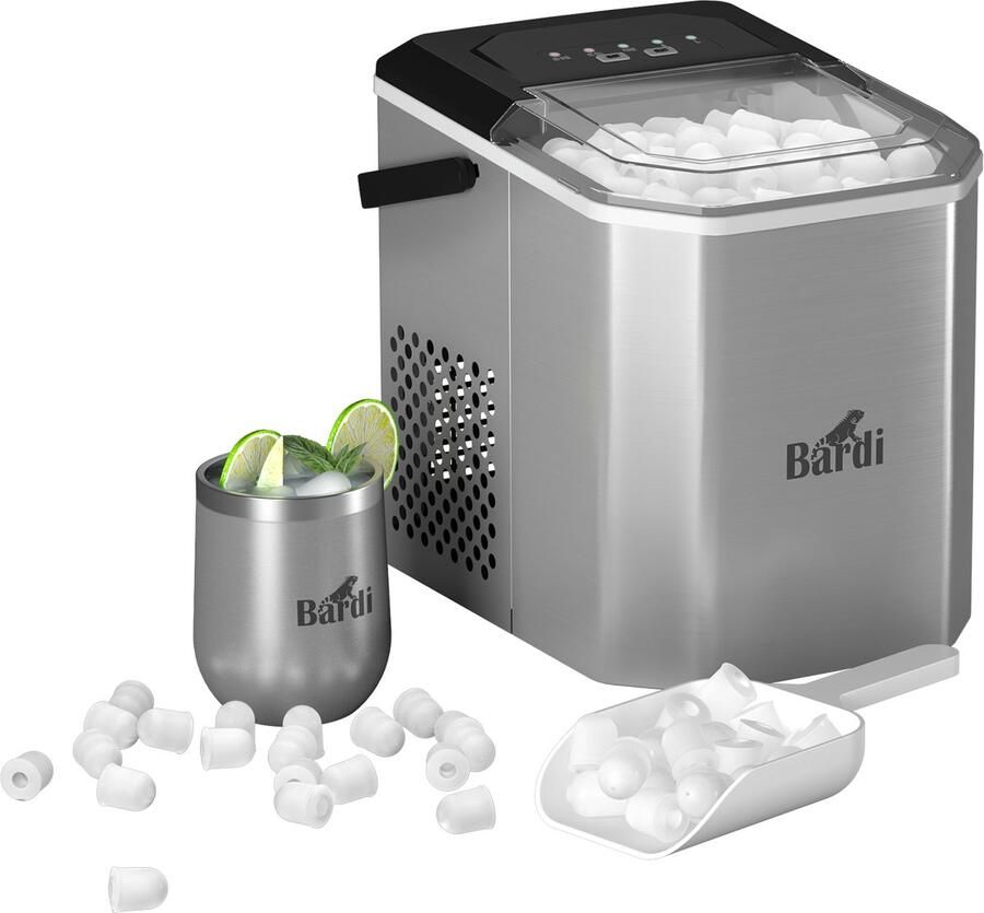 Bardi 1.3L Deluxe IJsblokjesmachine Square – IJsblokmaker Inclusief Luxe Thermosbeker en IJsschep – 9 Blokjes in 8 Minuten – GUNMETAL RVS