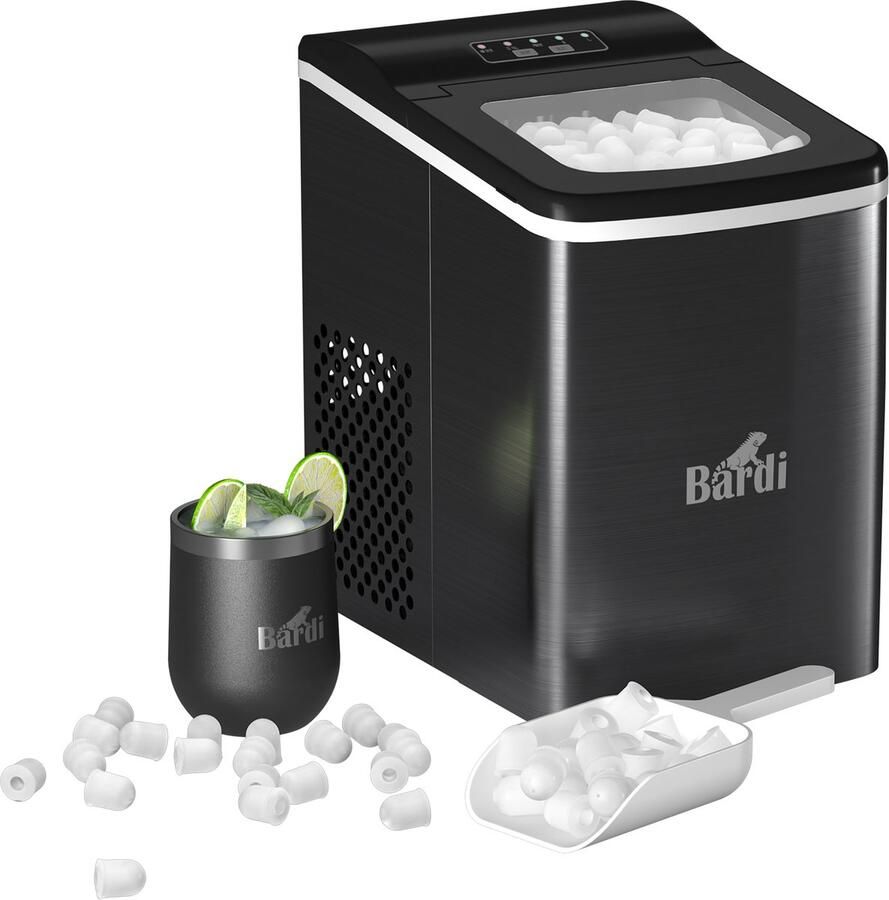 Bardi 2.0L Deluxe IJsblokjesmachine – IJsblokmaker Inclusief Luxe Thermosbeker en IJsschep – 9 Blokjes in 8 Minuten – GUNMETAL RVS