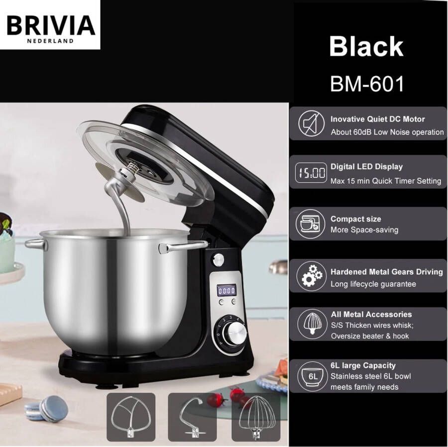 Brivia Keukenmachine Voedsel Mixer Blender Stille Motor Crème Ei Garde Deeg Kneder 6 Snelheid Standen 1200 W 6 Liter Capaciteit Keukenmixer Met Mengkom Keuken Machine Top Kwaliteit