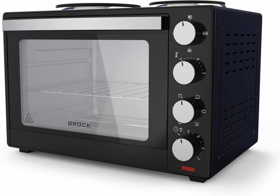 Brock Electronics Brock Elektrische Mini Oven met 2 Kookplaten – 30L Vrijstaande Convectieoven met Grillfunctie Timer en Dubbele Kookzones – 1600W Compacte Combi Oven voor Keuken Studentenkamer of Camping – Zwart