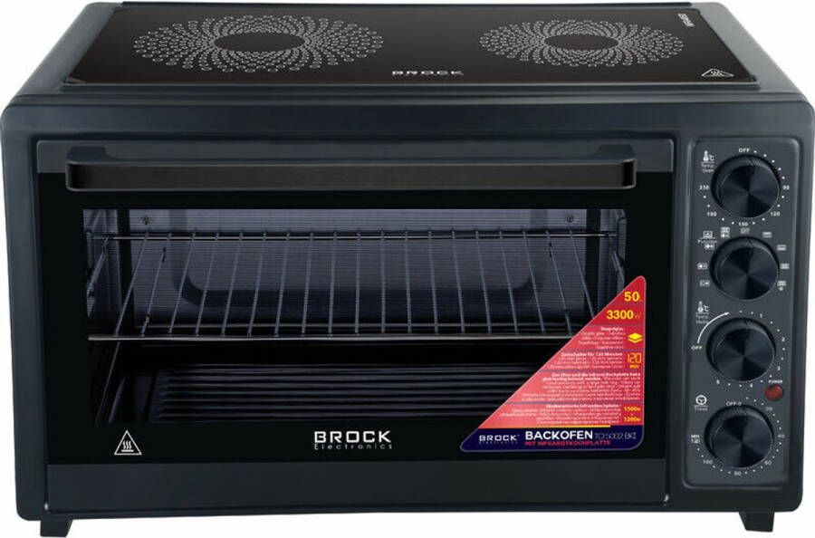 Brock Electronics Elektrische Mini Oven 50L Met 2 Keramische Kookplaten Vrijstaande Convectie Oven Met Grill En 2 Kookplaten – 1800W Zwart