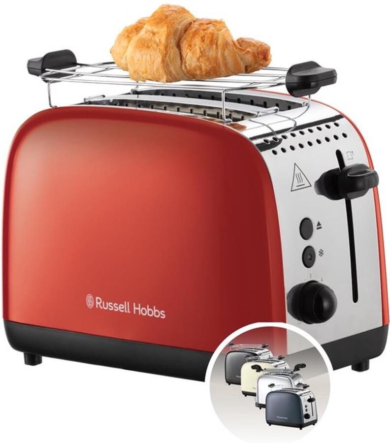 Broodrooster [Twee snedes] RVS Rood (Extra Brede Broodsleuven incl. Opwarmrekje 6 Bruiningsinstellingen + Ontdooi Functie Lift & Look 1600 Watt) 26554-56