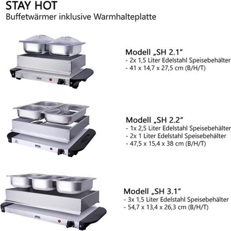 Buffetwarmer 3 x 1 5 Liter 200 Watt Vermogen Roestvrij Staal Elektrisch Met Snoer Warmhoudplaat