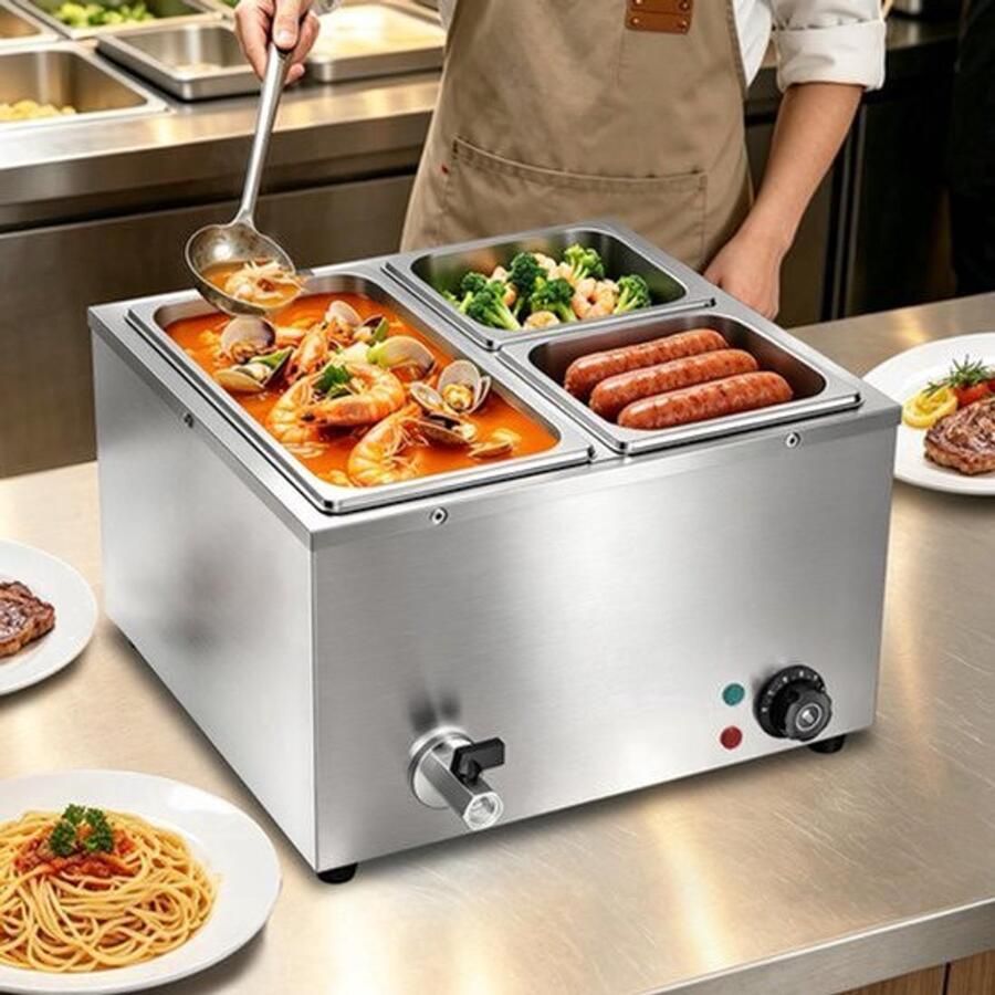 Buffetwarmer Elektrisch 3 Compartimenten 1500 W Vermogen RVS Materiaal Voor Catering En Buffet Bain Marie