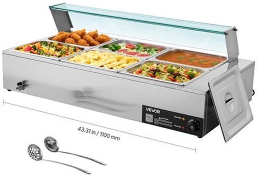 Buffetwarmer Elektrisch 6 x 1 2 Formaat Containers 1500 W Vermogen Roestvrij Staal Voor Catering En Restaurants