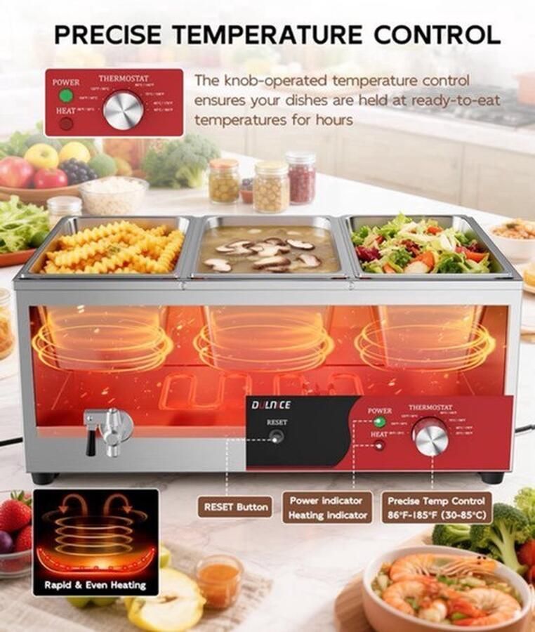 Buffetwarmer Elektrische Bain Marie 1 3 GN Pan 1500 W Vermogen RVS Materiaal Voor Horeca En Catering