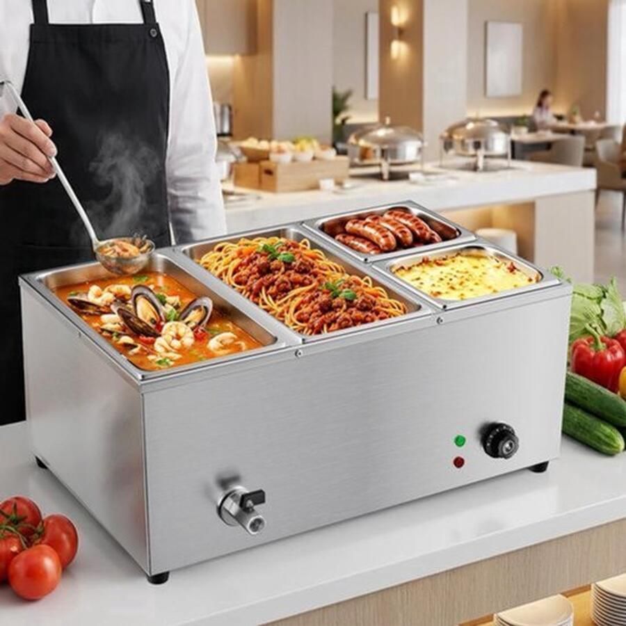 Buffetwarmer Elektrische Bain Marie 1500 Watt Vermogen 4 Potten Roestvrij Staal Voor Horeca En Catering