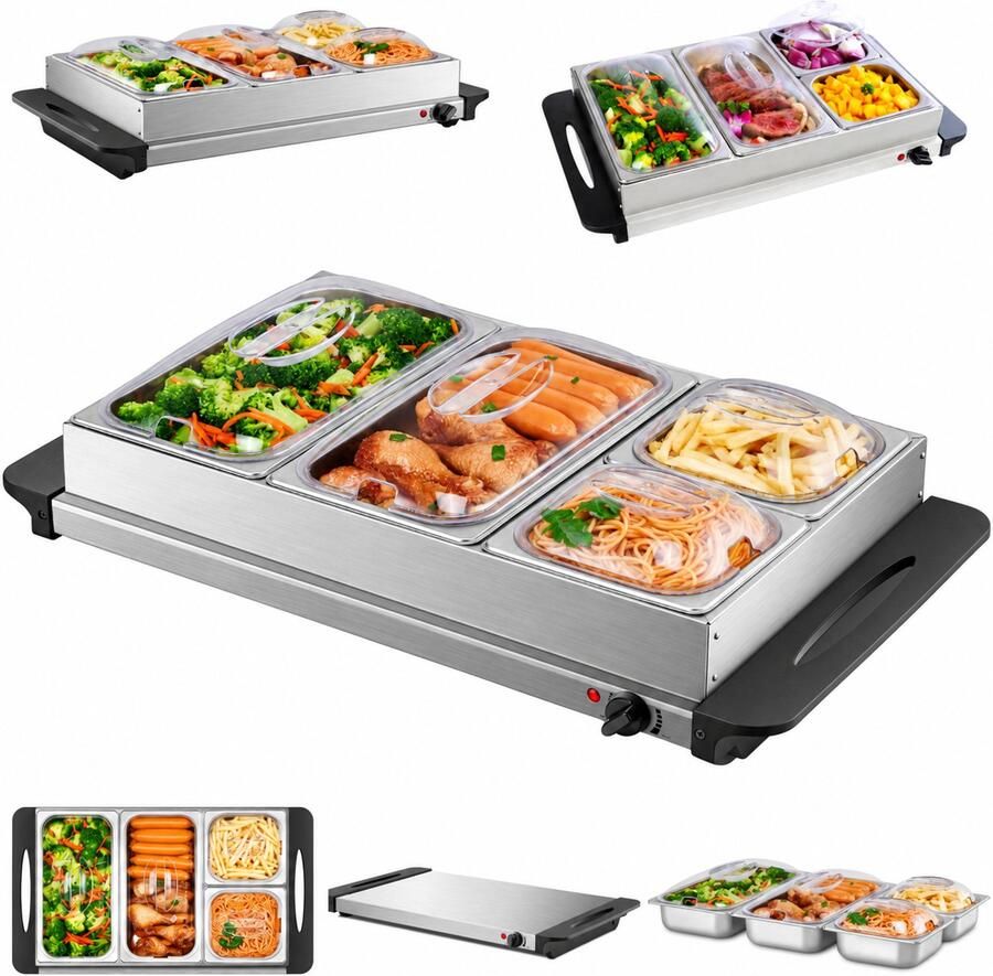 Buffetwarmer met 4 RVS Schalen 300 W Temperatuur instelbaar van 45–70 °C Warmhoudplaat met Deksel voor Catering Feestjes Bruiloften en Buffetten voor thuis