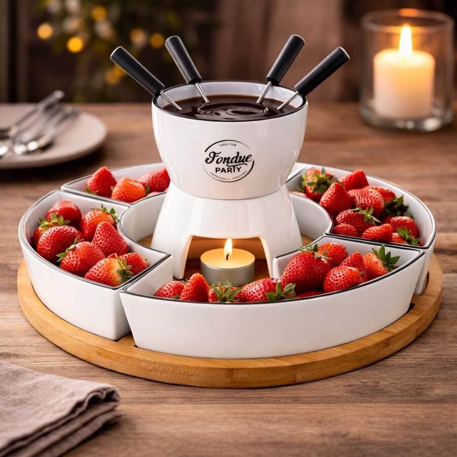 By Viento Fondue Set voor 4 Personen – Porselein met Bamboe Draaiplateau – Inclusief Schalen & Vorkjes – 30x30x19 cm