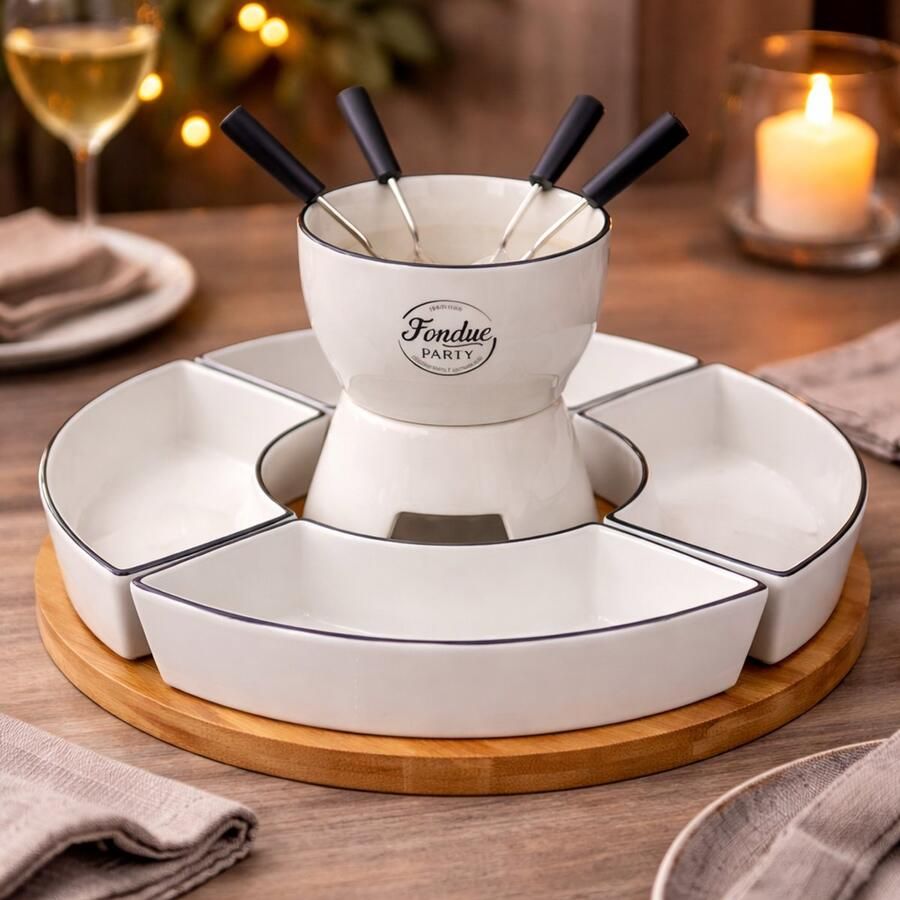 By Viento Fondue Set voor 4 Personen – Porselein met Bamboe Draaiplateau – Inclusief Schalen & Vorkjes – 30x30x19 cm