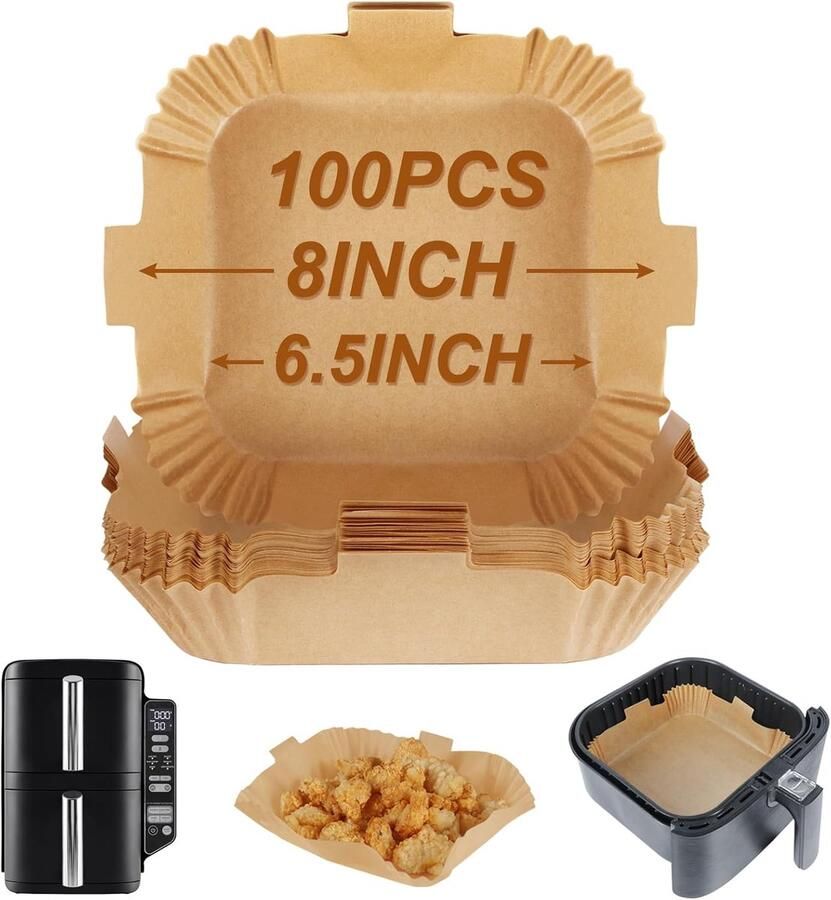 BYKITCHEN 100 stuks luchtfriteuse perkamentpapier voering vierkante luchtfriteuse voeringen wegwerpbaar vetvrij papier voor heteluchtfriteuse compatibel met COSORI Ninja toren (ongebleekt)