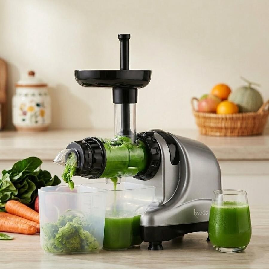 Byzoo Rhino Slowjuicer Juicer Horizontaal 1000ML Met Pulpreservoir verschillende zeven Vezelrijk Groenten en Fruitpers- Grijs