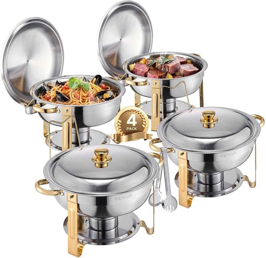 C. R. E. CORE Catering Buffetset Komfoorbuffetset Buffetwarmer Ronde catering schalen Cateringschaal met deksel 4 stuks 41x29cm Zilver & Goud