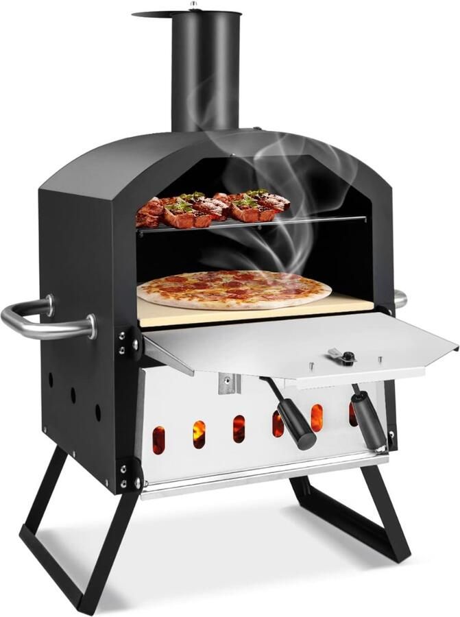 Calviero Pizza oven buiten Pizzarette Pizzaschep Roestvrij staal 2-laags met grillrooster