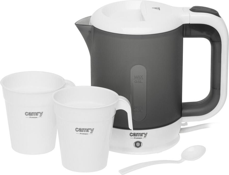 Camry CR 1382 Reiswaterkoker – 0 5L – Compact & Lichtgewicht – RVS Verwarmingselement – Droogkookbeveiliging – Inclusief 2 Kopjes en Lepel – 900W – Grijs