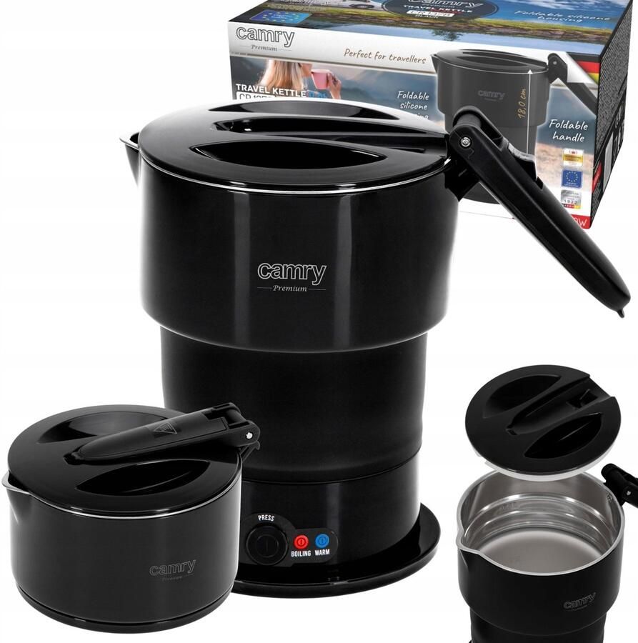 Camry Opvouwbare Reiswaterkoker – 0 6L – Siliconen – Automatische Warmhoudfunctie – Mini waterkoker 600W – Inclusief Reistas – Zwart CR 1378