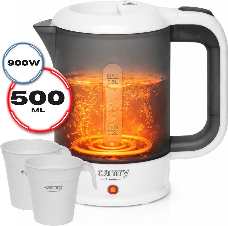 Camry CR 1382 Reiswaterkoker – 0 5L – Compact & Lichtgewicht – RVS Verwarmingselement – Droogkookbeveiliging – Inclusief 2 Kopjes en Lepel – 900W – Grijs Camping waterkoker