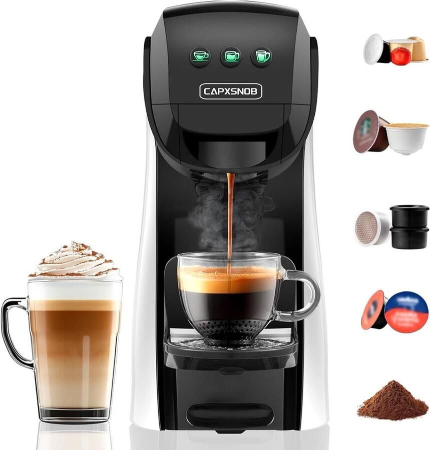 CapXsnob Warriors1 5-in-1 Capsule Koffiemachine – 20 Bar – Geschikt voor Nespresso Dolce Gusto Lavazza A Modo Mio Espresso Point en Gemalen Koffie – Wit