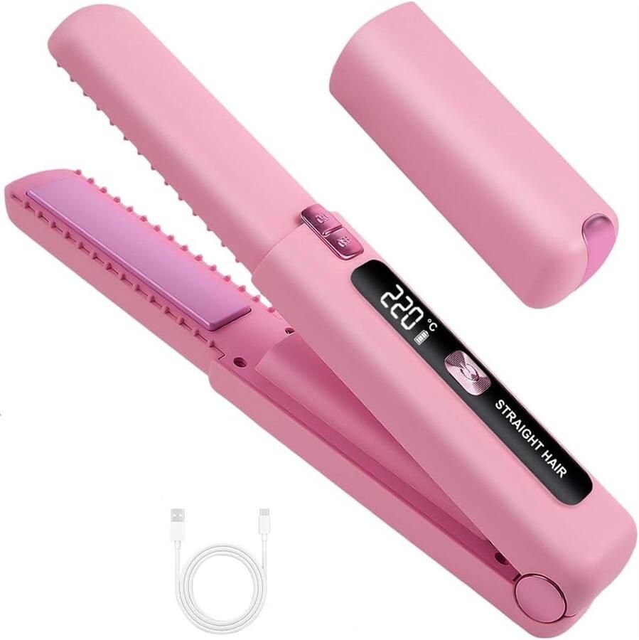 Carmdering 2 In 1 Glätteisen Draadloos Stijltang Reis Styling Tool Snel Opwarmen Tot 220°C 6 Temperatuurstanden Keramiek Turmalijn Coating LCD Scherm En Ionentechnologie Ideaal Voor Onderweg En Reizen 1 Stuk-roze