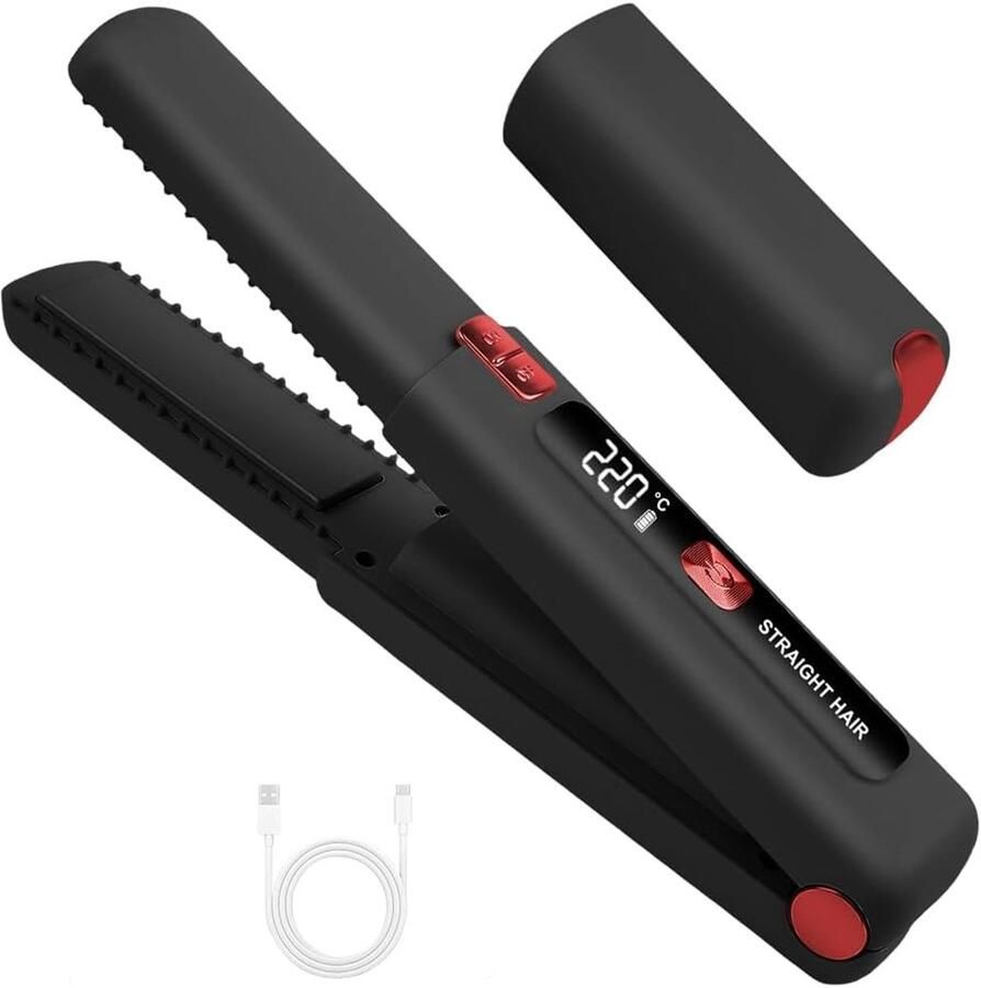 Carmdering 2 In 1 Glätteisen Draadloos Stijltang Reis Styling Tool Snel Opwarmen Tot 220°C 6 Temperatuurstanden Keramiek Turmalijn Coating LCD Scherm En Ionentechnologie Ideaal Voor Onderweg En Reizen 1 Stuk-zwart
