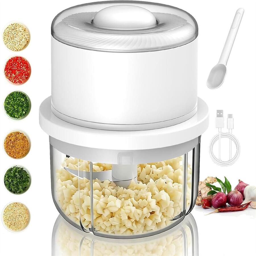 Carmdering Elektrische Mini Hakmolen Elektrische Versnipperaar Compacte Keukenmachine Geïntegreerde Babyvoedingslepel Snelle Start Met Één Knop Roestvrij Staal 6-Mes Systeem Draadloos USB Oplaadbaar- 1 Stuk