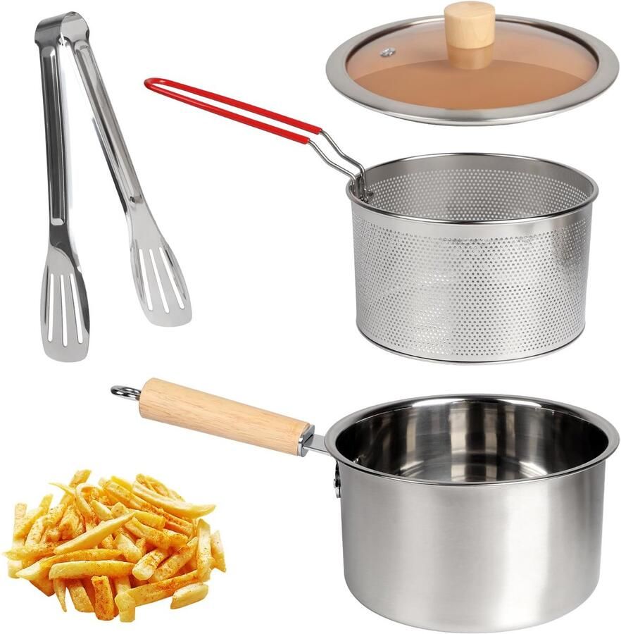 Carmdering Frituurpan set 2.5L roestvrij staal met zeef en deksel olie filter pot voor frituren en opslag