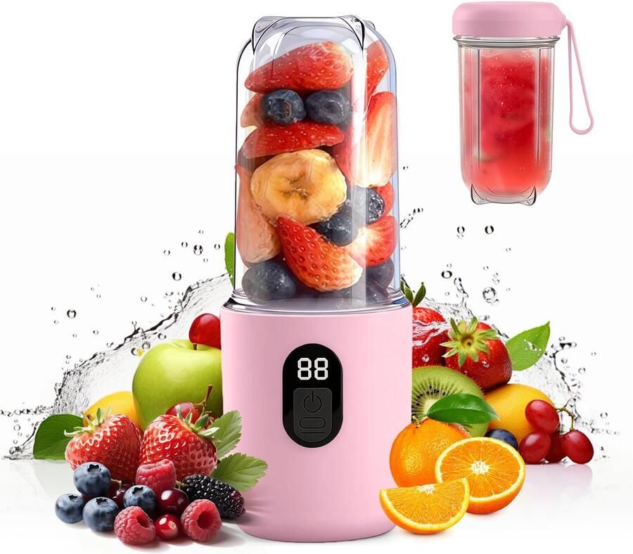 Carmdering Frullatore Portatile Mini Blender Draagbaar Elektrische Juicer Digitale Display 20800 RPM Snelheid R16 Bladen -500mAh Batterij Draadloos Gemak 1Stuk Roze