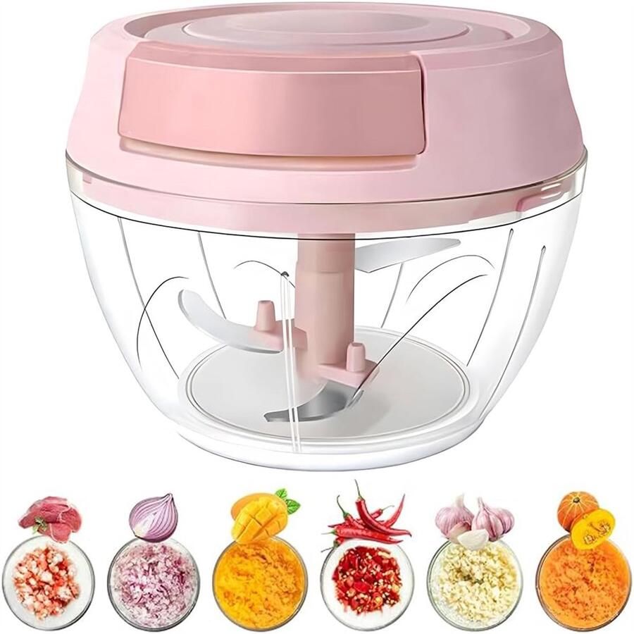 Carmdering Multihakker Hakmolen handmatig groentehakker -Uiensnijder handmatig groentesnijder met roestvrijstalen messen extra 1 mixer uien hakmolen multihakmolen met trekkoord roze 500 ml