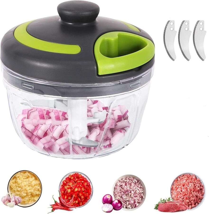 Carmdering Multihakker Hakmolen handmatig groentehakker -Uiensnijder handmatig groentesnijder met roestvrijstalen messen extra 1 mixer uien hakmolen multihakmolen met trekkoord groente 500 ml