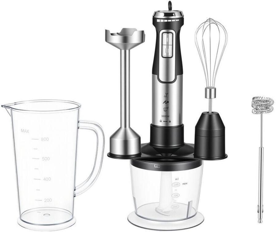 Carmdering Staafmixer Handmixer 5-in-1 Keukenmachine 1600W ergonomisch spatvrij Met maatbeker hakmolen mengkom en garde Incl. opbergrek Voor smoothies soepen sauzen en babyvoeding 304 roestvrij staal