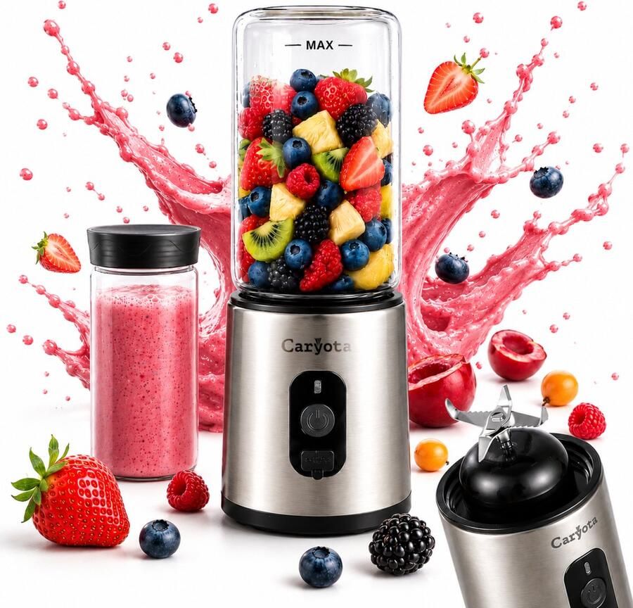Caryota Mini Blender Draagbare Blender To Go Glas 400ML Lekvrij Portable Blender Smoothie Maker USB-C Lichtgewicht Soepmaker
