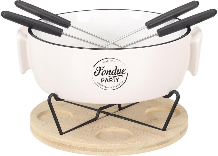 CASA DI ELTURO Fondue Set voor 4 Personen – Porseleinen Fonduepan met Bamboe Onderplaat – Inclusief Vorken